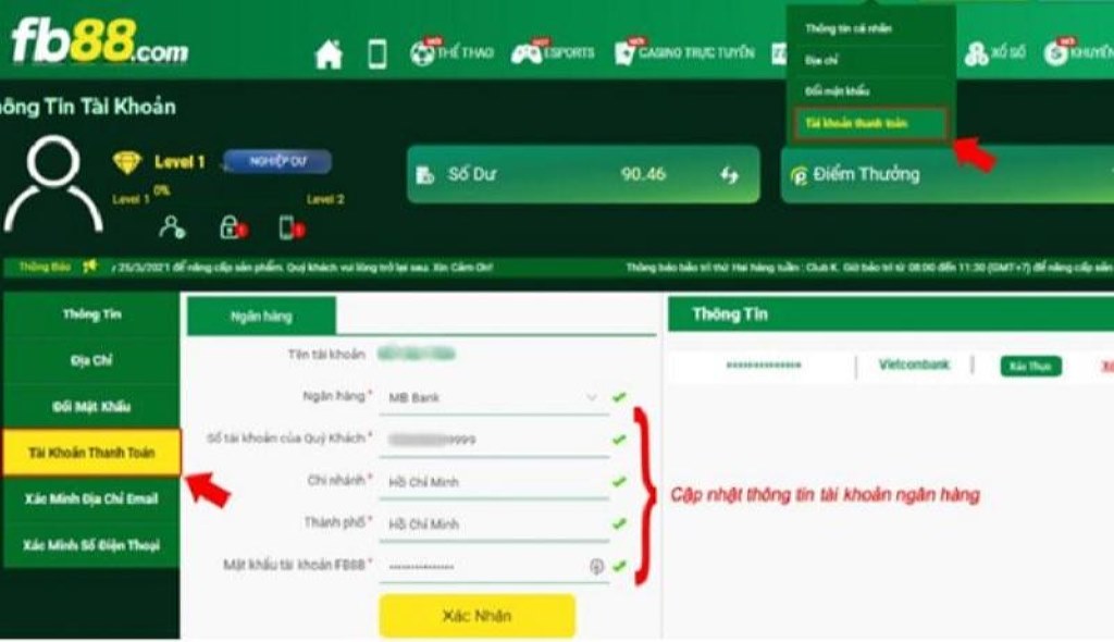 Người chơi điền chính xác thông tin ngân hàng muốn rút tiền về